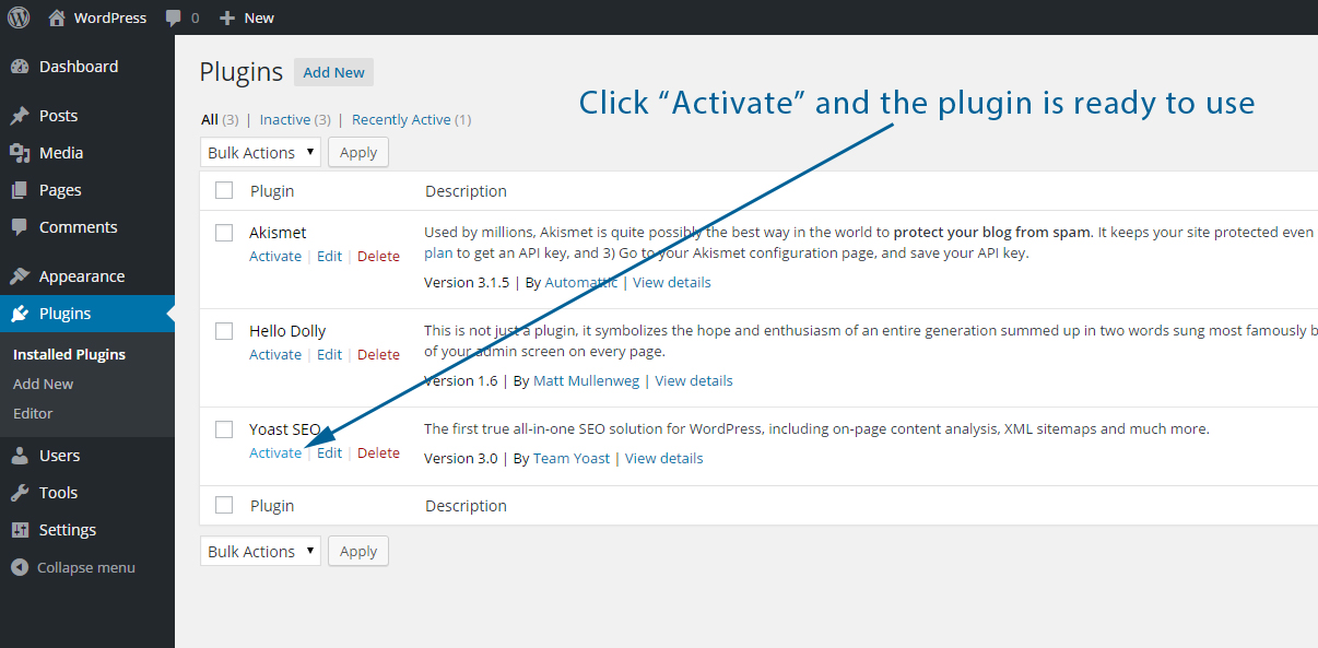 Activate a WordPress plugin