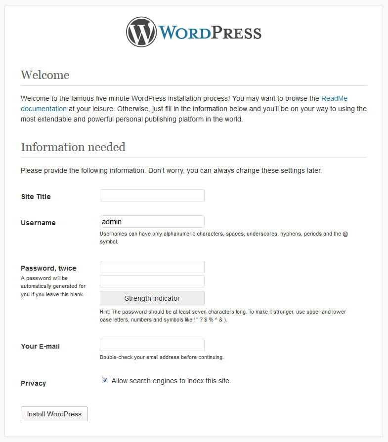 WordPress Installation Screen