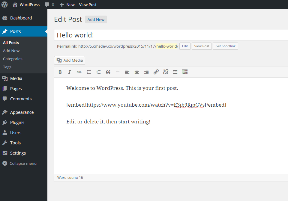 Embed a video shortcode in WordPress