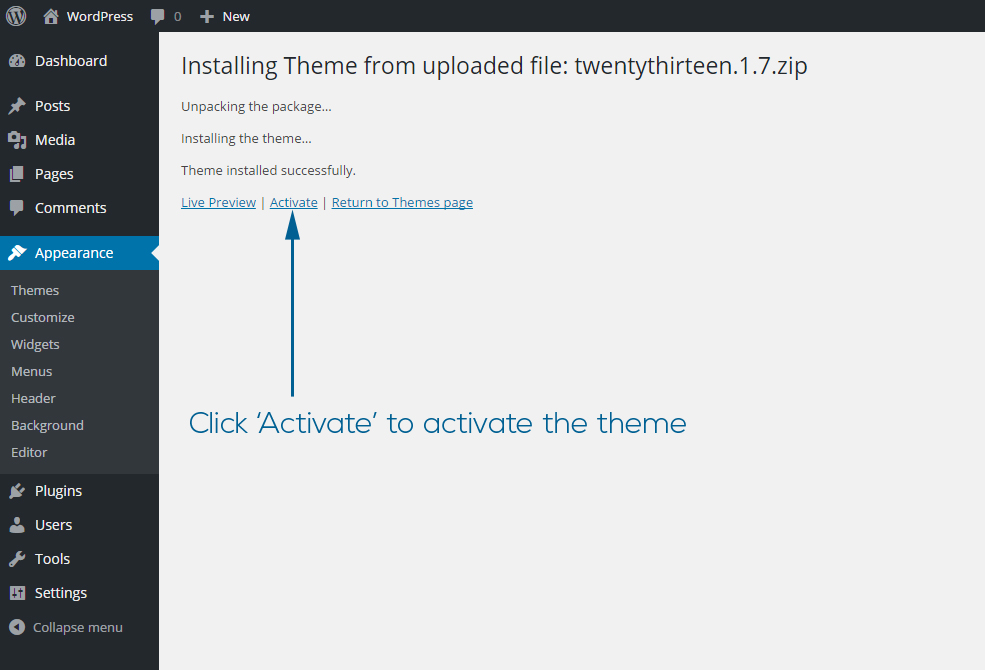 Activate WordPress Theme